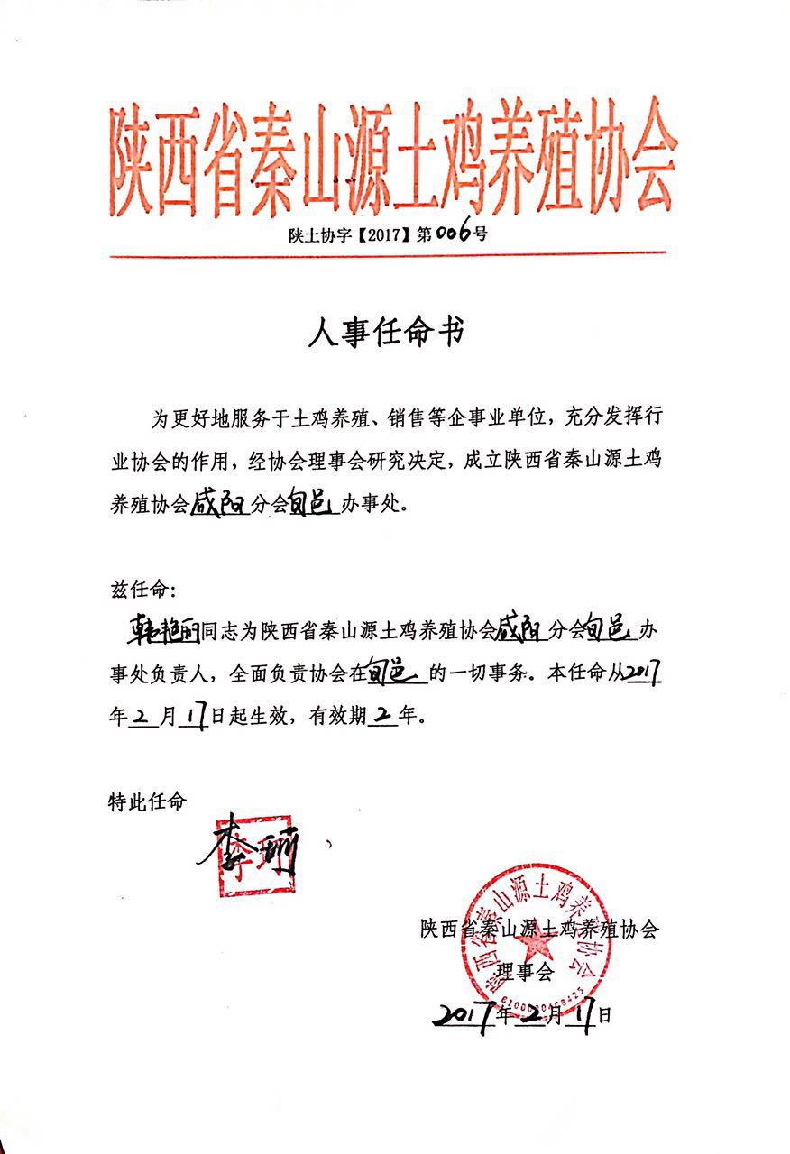 陕西省秦山源土鸡养殖协会人事任命书陕土协字【2017】第006号